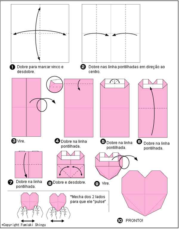 Dobraduras de papel - coração pulsante Dobradura de coração