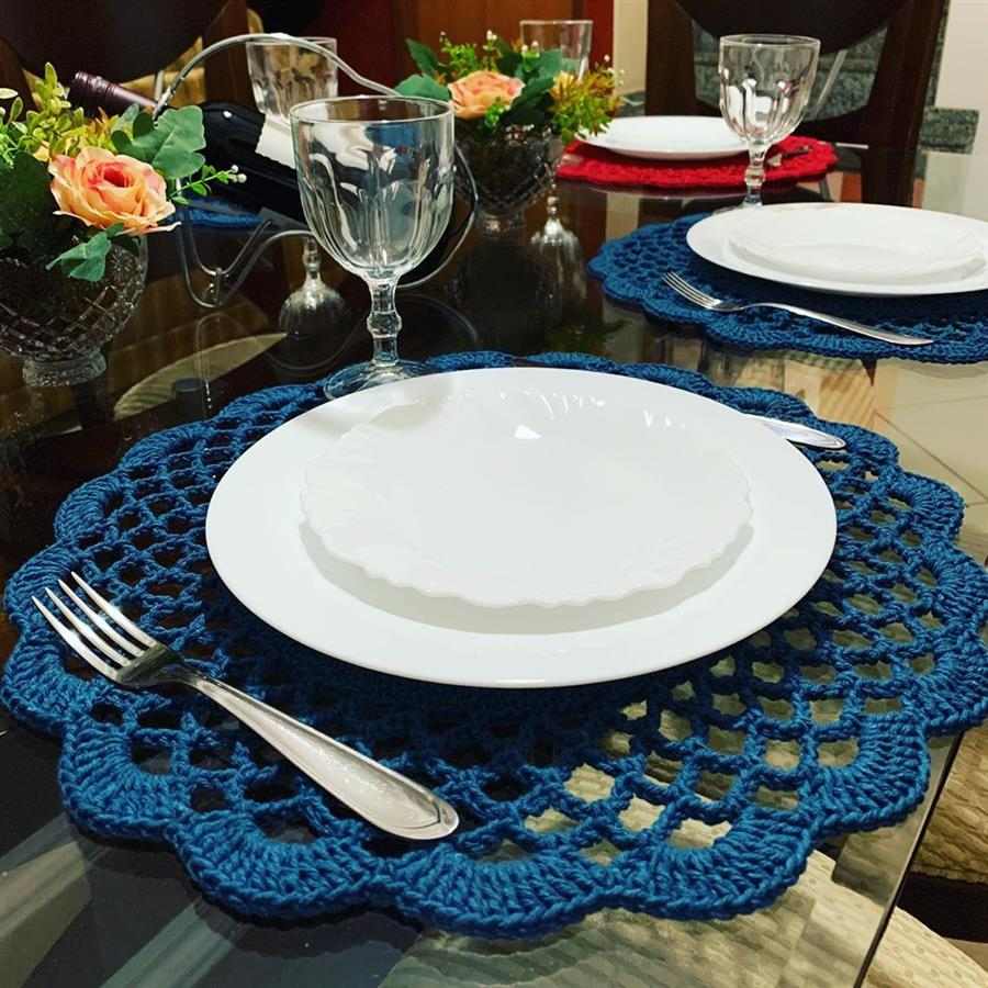 jogo de sousplat de croche azul