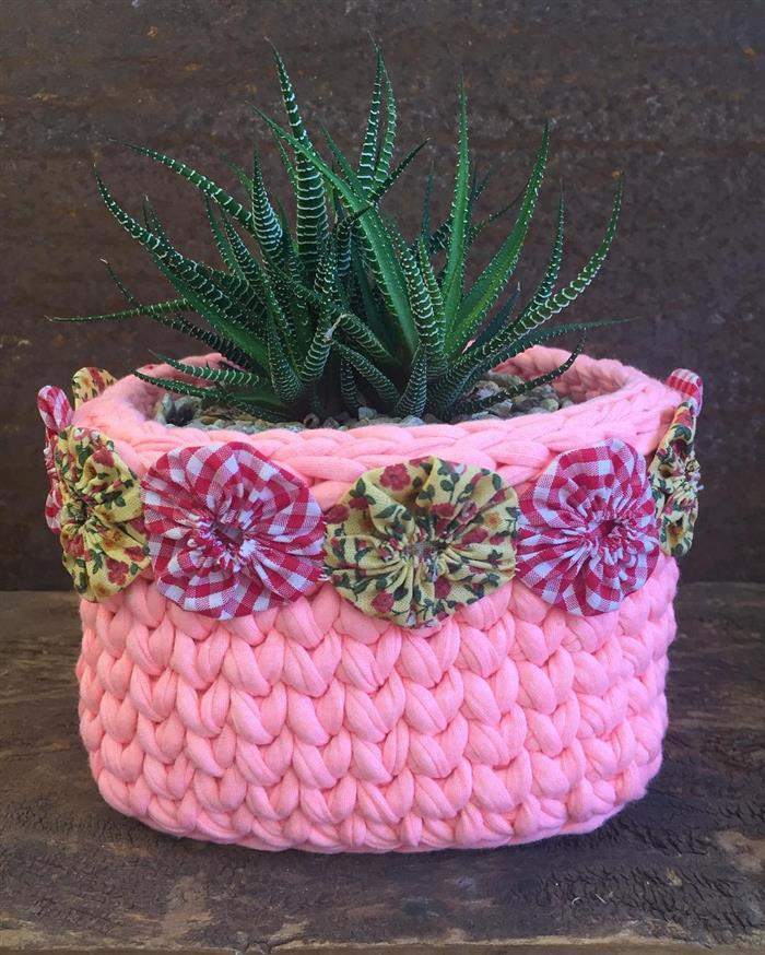 cachepot de croche fio de malha